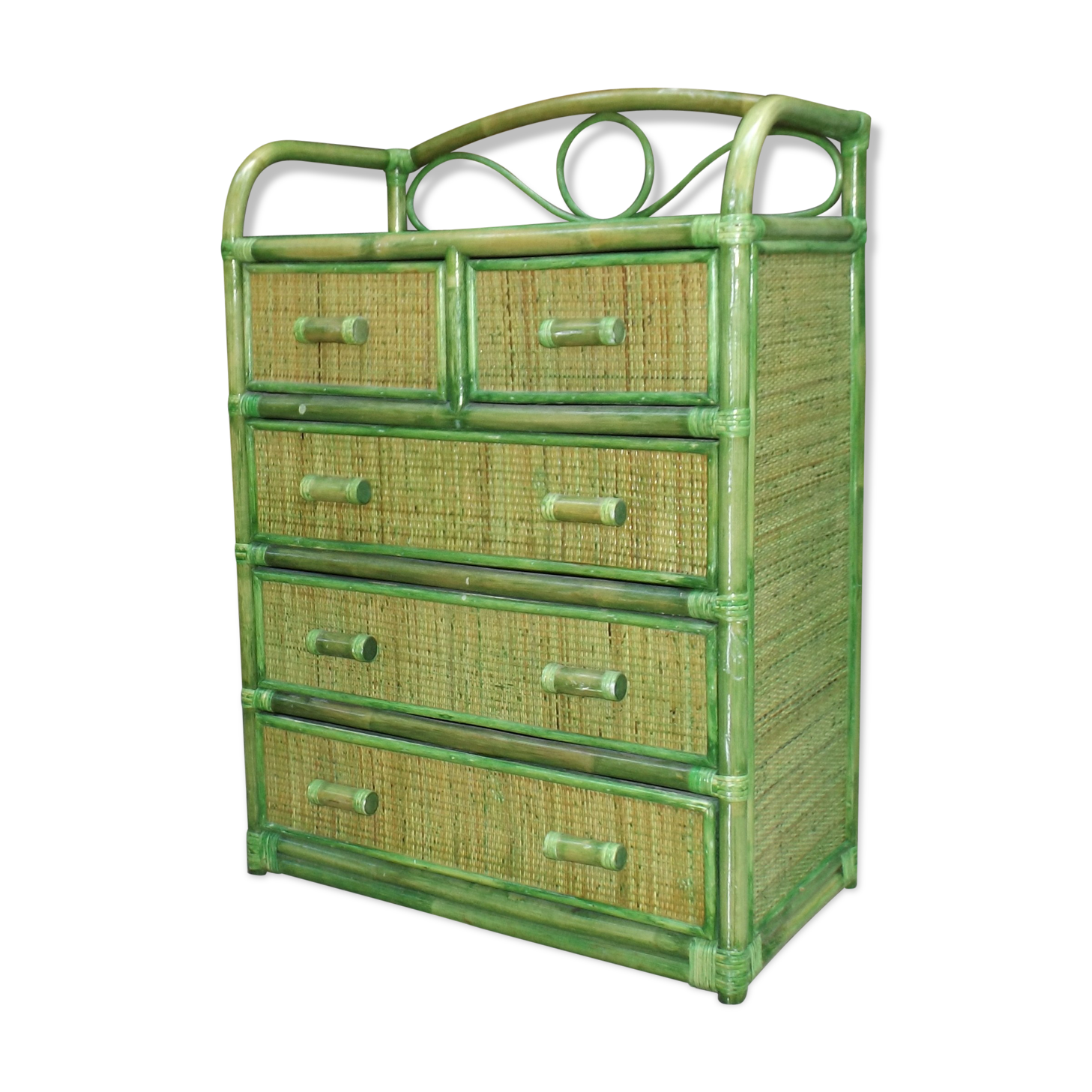 Chest of drawers in green rattan circa 1970