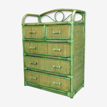 Chest of drawers in green rattan circa 1970