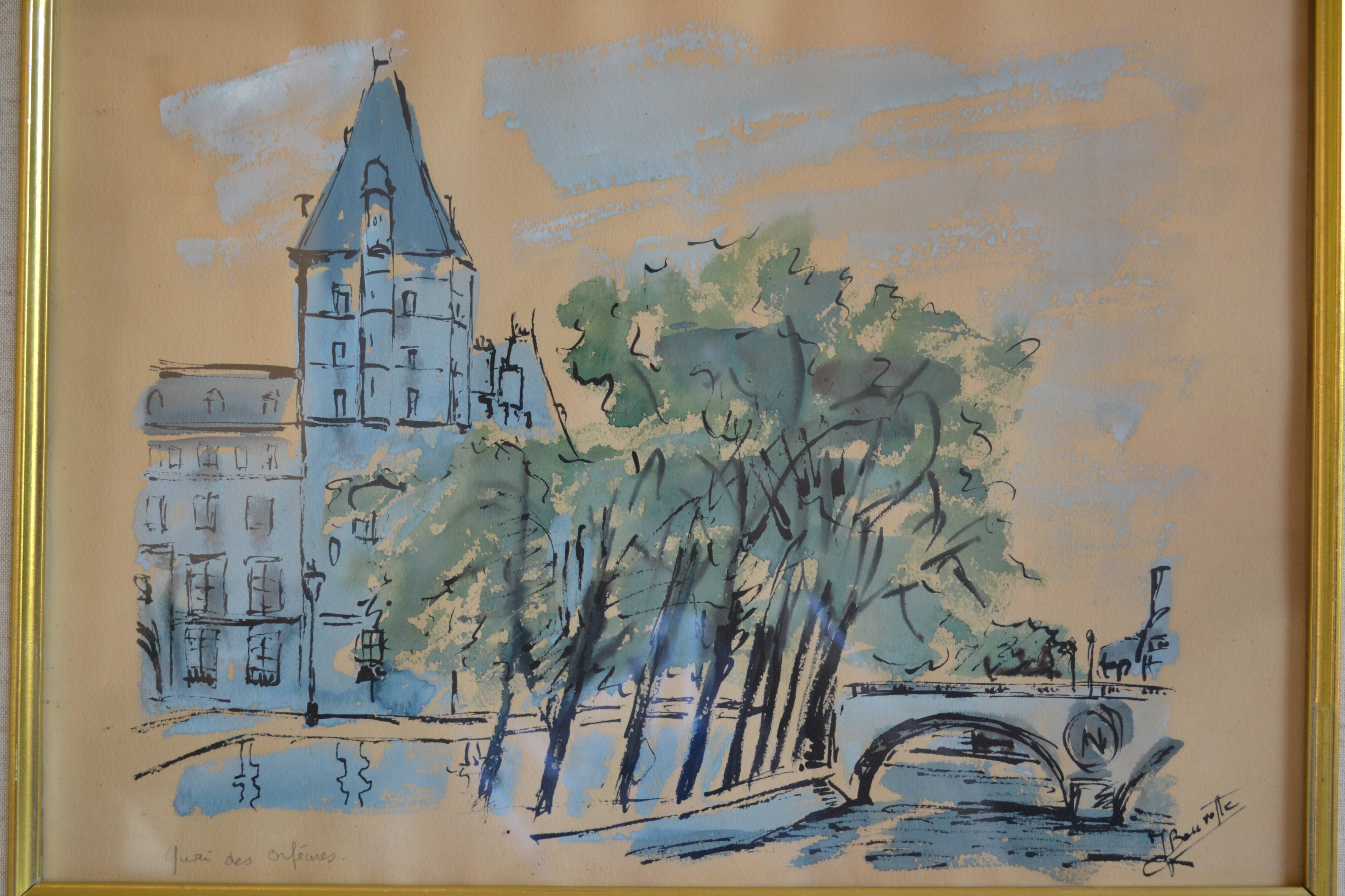 Paris the quai des orfèvres and the pont saint michel painting framed under glass