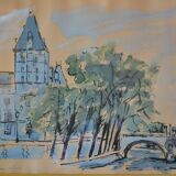 Paris the quai des orfèvres and the pont saint michel painting framed under glass