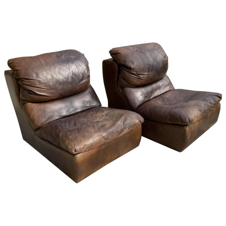 Pair of vintage leather armchairs / fireside chairs / clubs, 1970s