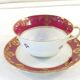 Pair of lunch cup and subcup in porcelain limoges red headband
