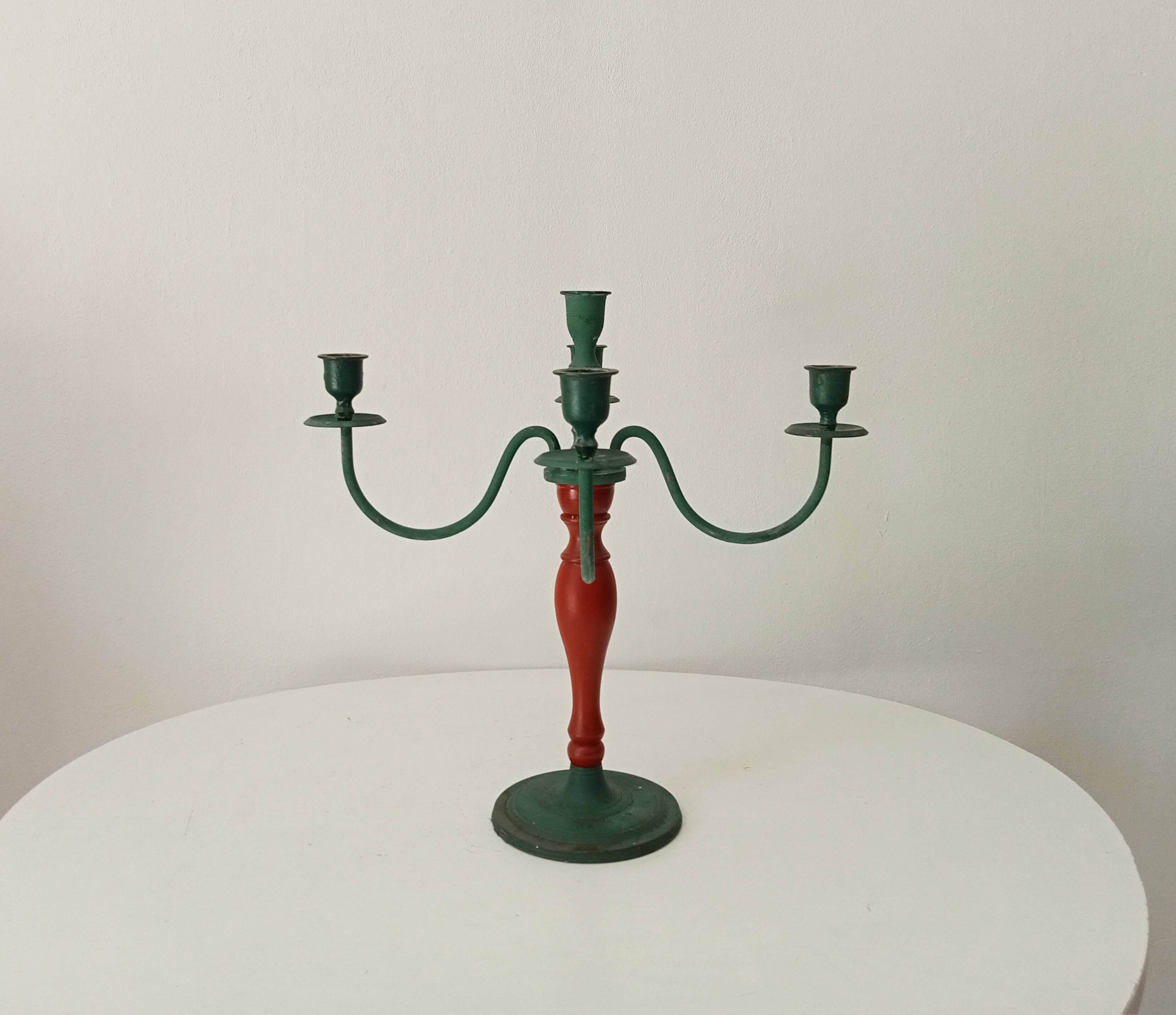 Antique 4-branch wood and metal candlestick