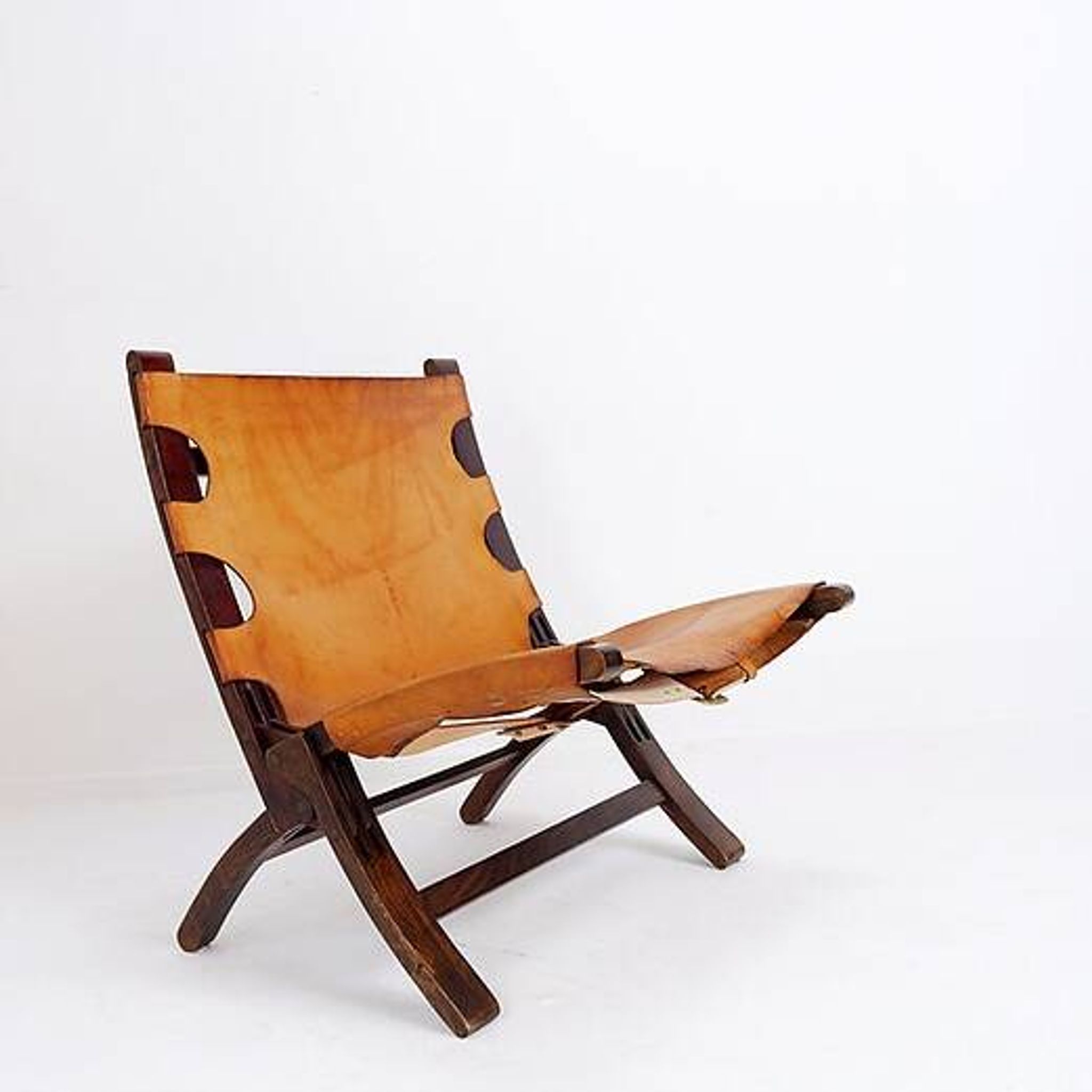 Fauteuil pliant en cuir et bois du milieu du siècle, années 1950