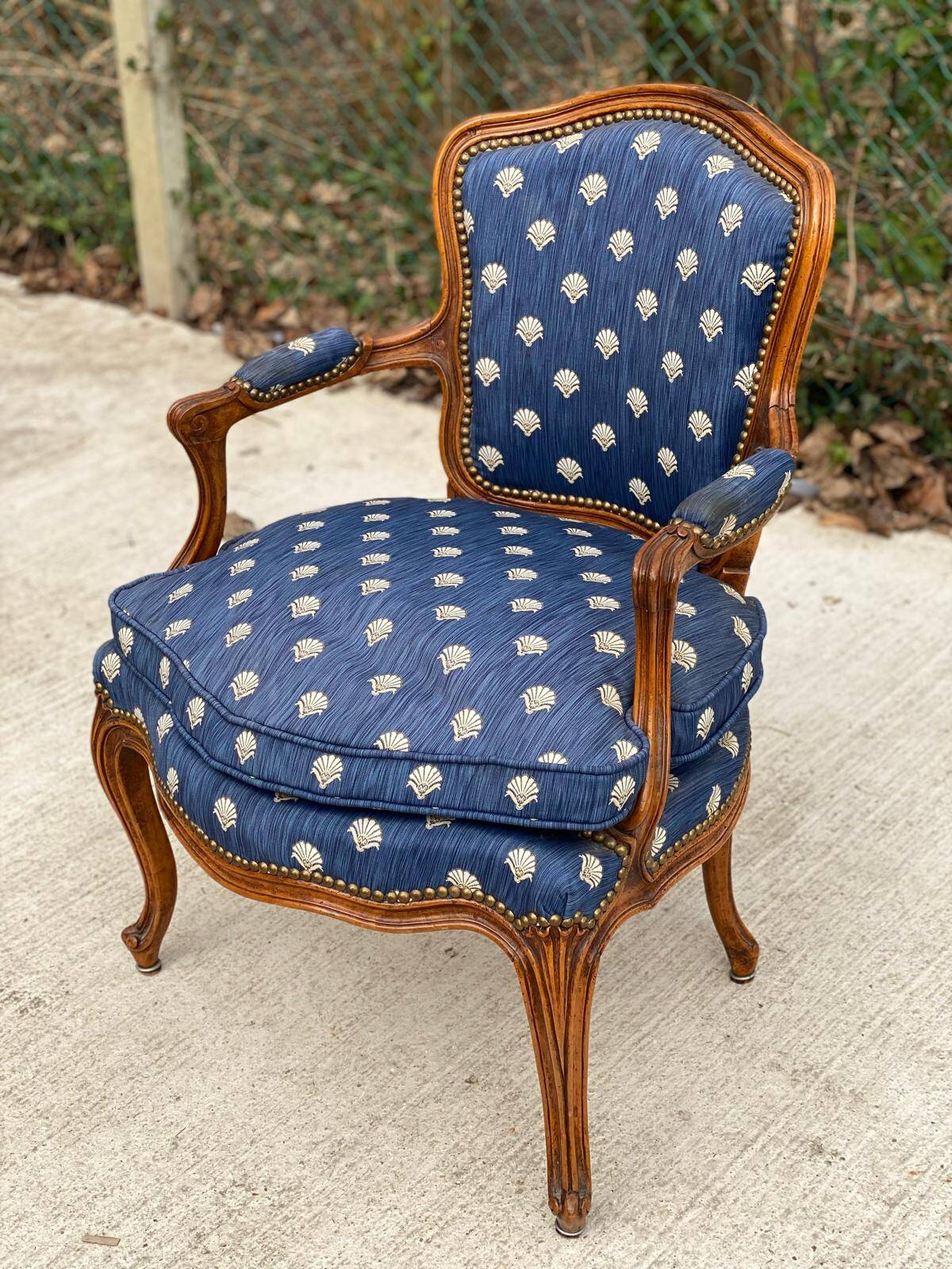 Bergère armchair Louis XV blue silk fabric embroidered