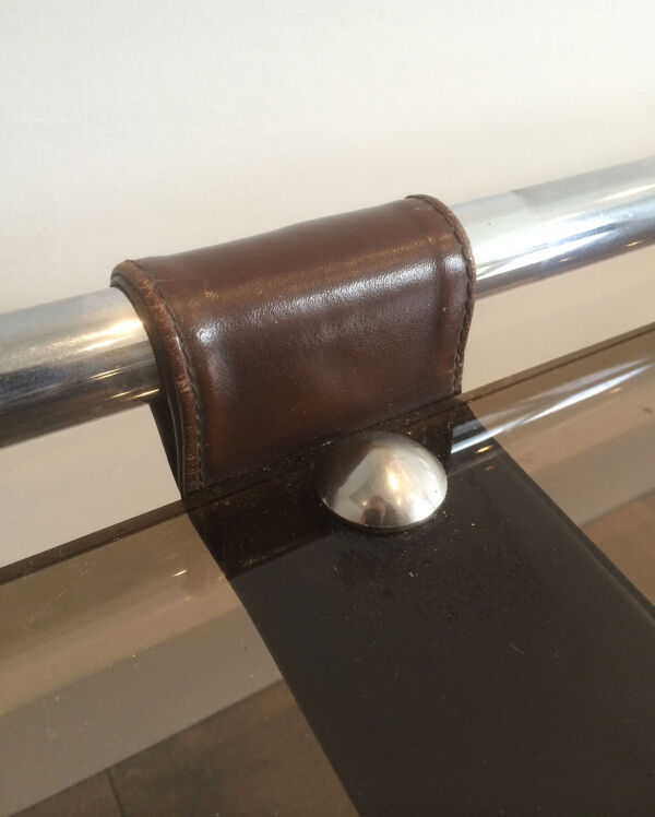 Table basse en chrome, cuir et verre fumé