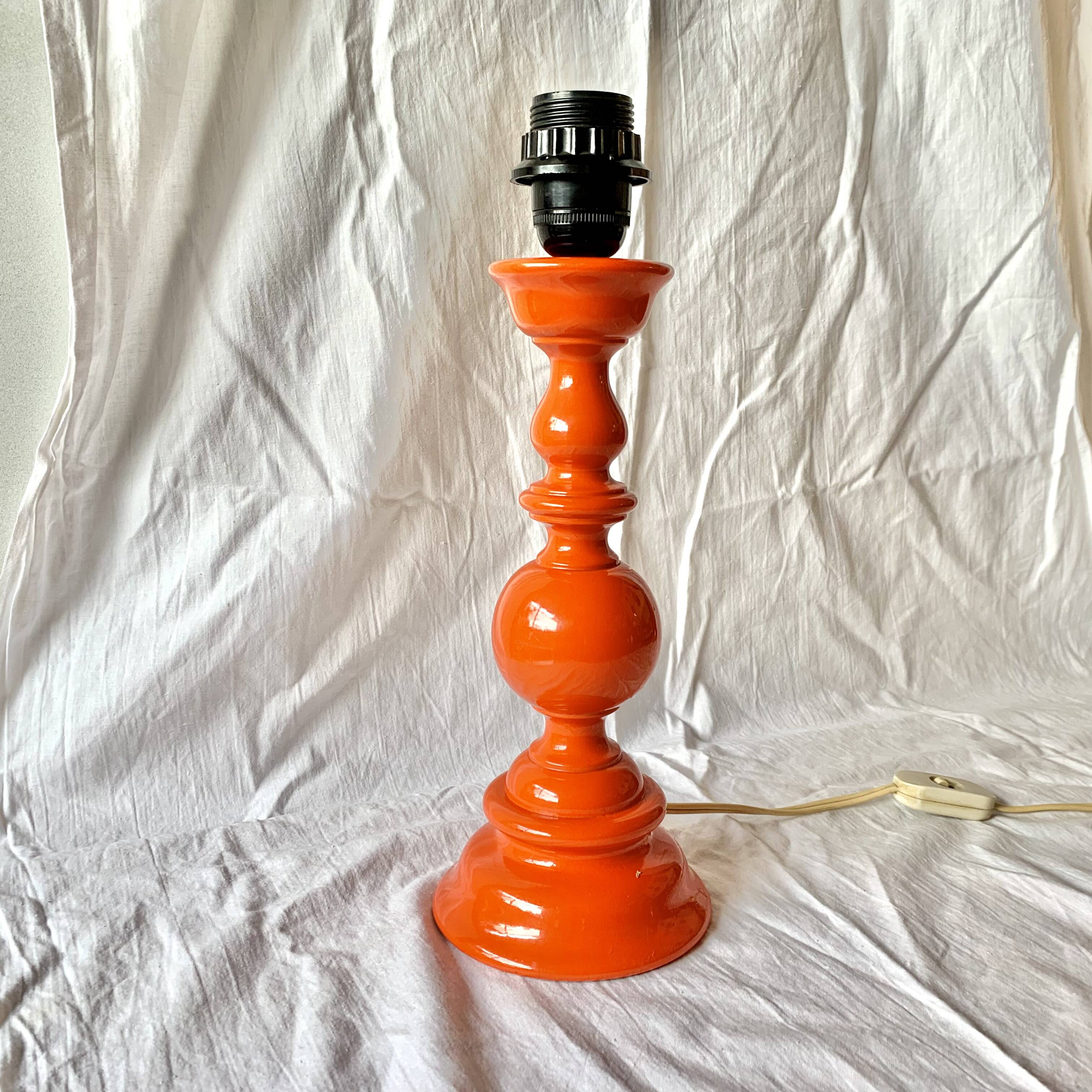 Large vintage lamp base in orange lacquered wood