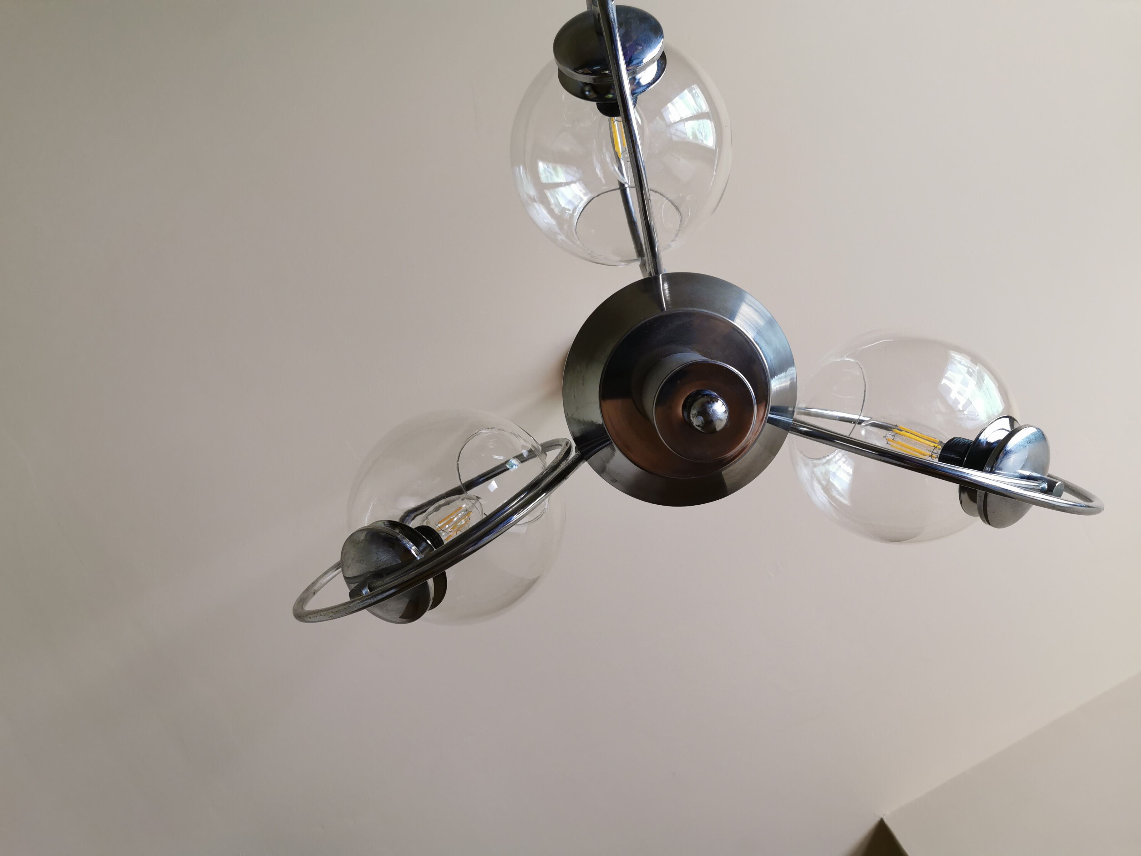 Vintage chrome metal chandelier, wood and 3 glass globes