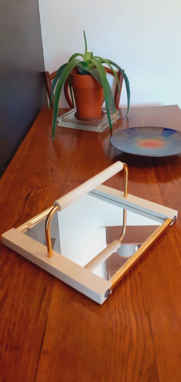 Plateau vintage année 50 en bois laqué et métal doré