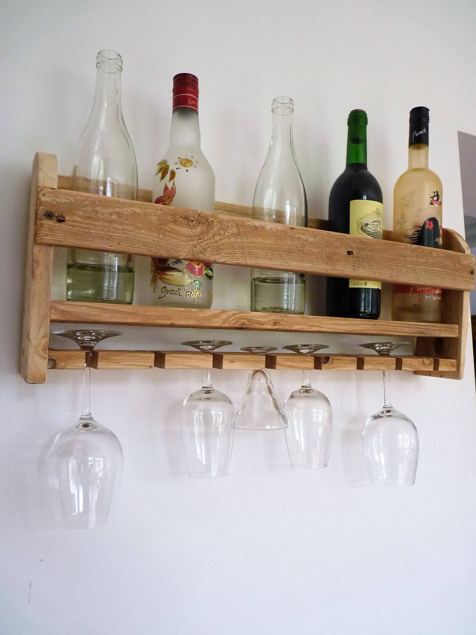 bottle shelf, recycled wooden glasses