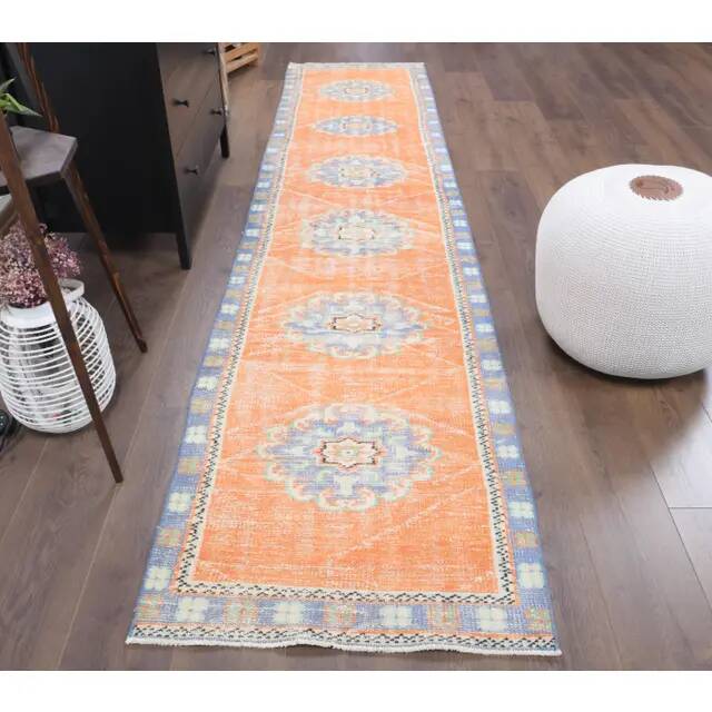 Vintage Turkish Oushak Handmade Wool Cotton Orange Runner 77x325