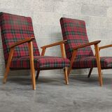 Pair of French beech armchairs from the 60s, tartan fabric