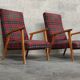 Pair of French beech armchairs from the 60s, tartan fabric