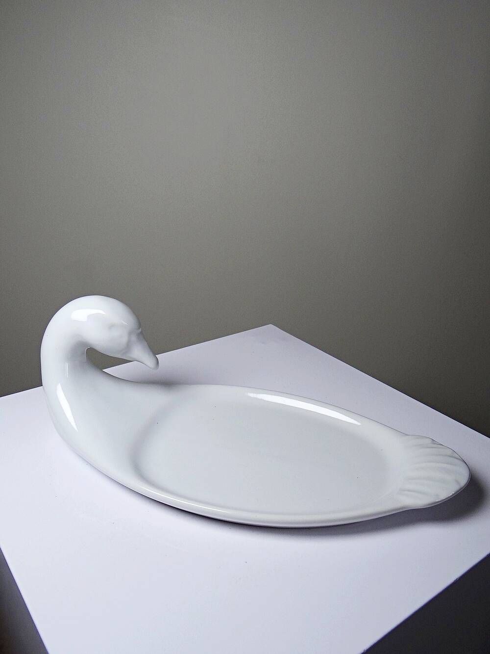Vintage white faience foie gras platter in the shape of a goose, 1970s.