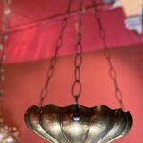 Italian Art Nouveau Hanging Bowl Pendant Lamps or Planters in Hand-Hammered Brass, 1890s, Set of 2