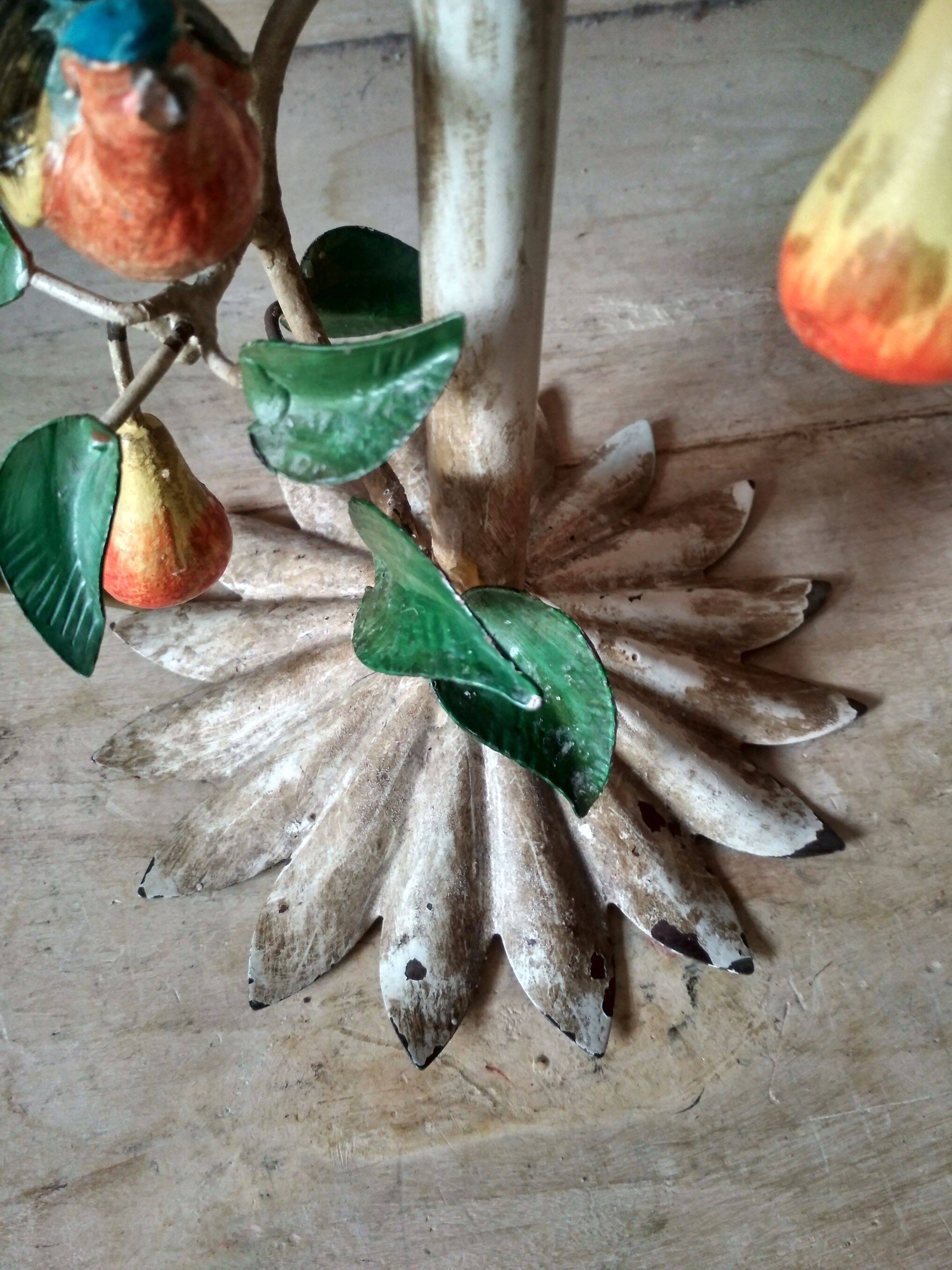 Painted metal candle holder lamp - wrought iron fruit and bird lamp base