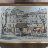 Framed watercolor "Salon de Provence-la Fontaine Moussue" by Louis Lasbouygues