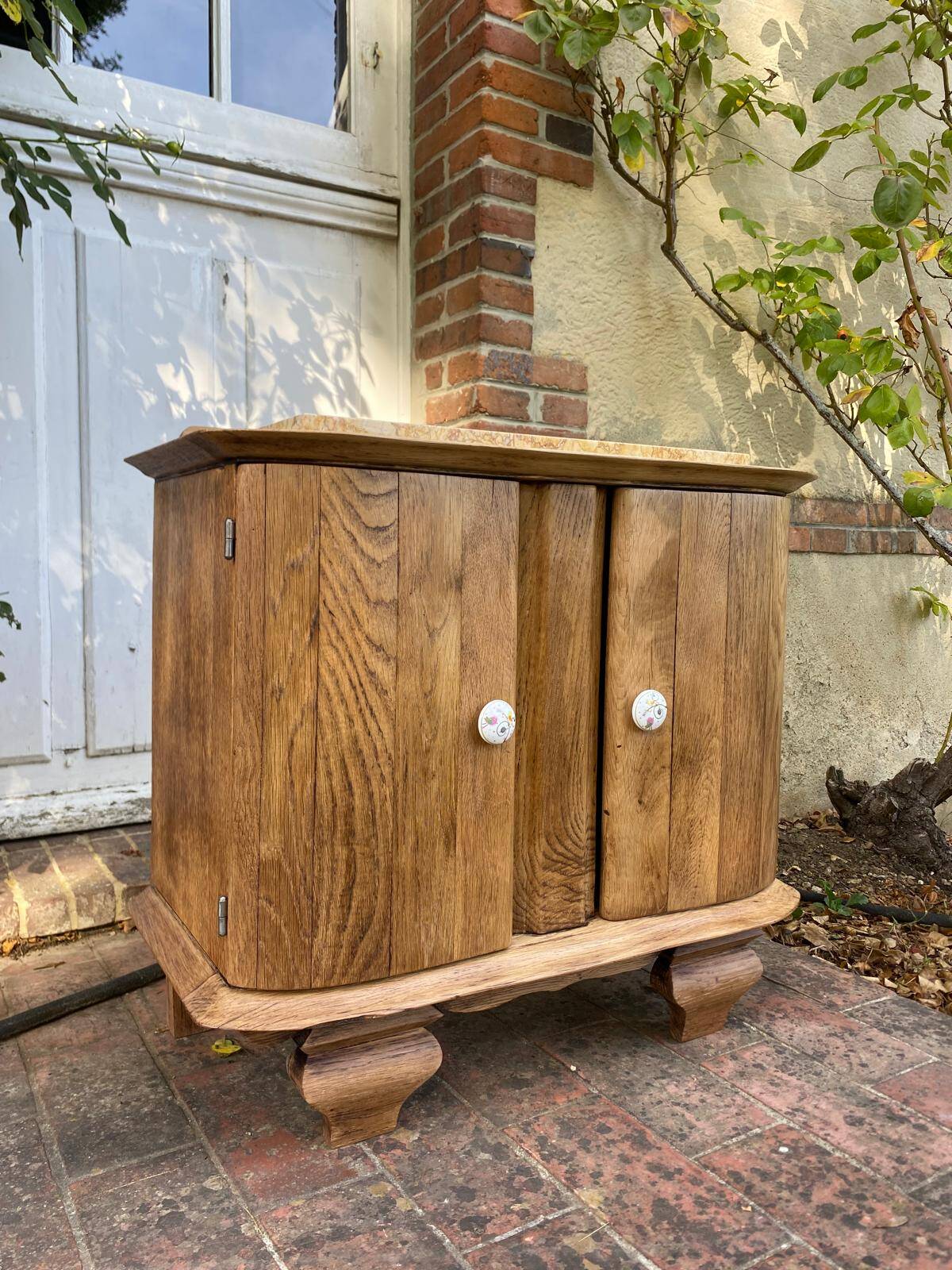 Small accent table / Art Deco bedside table in solid oak and beige marble