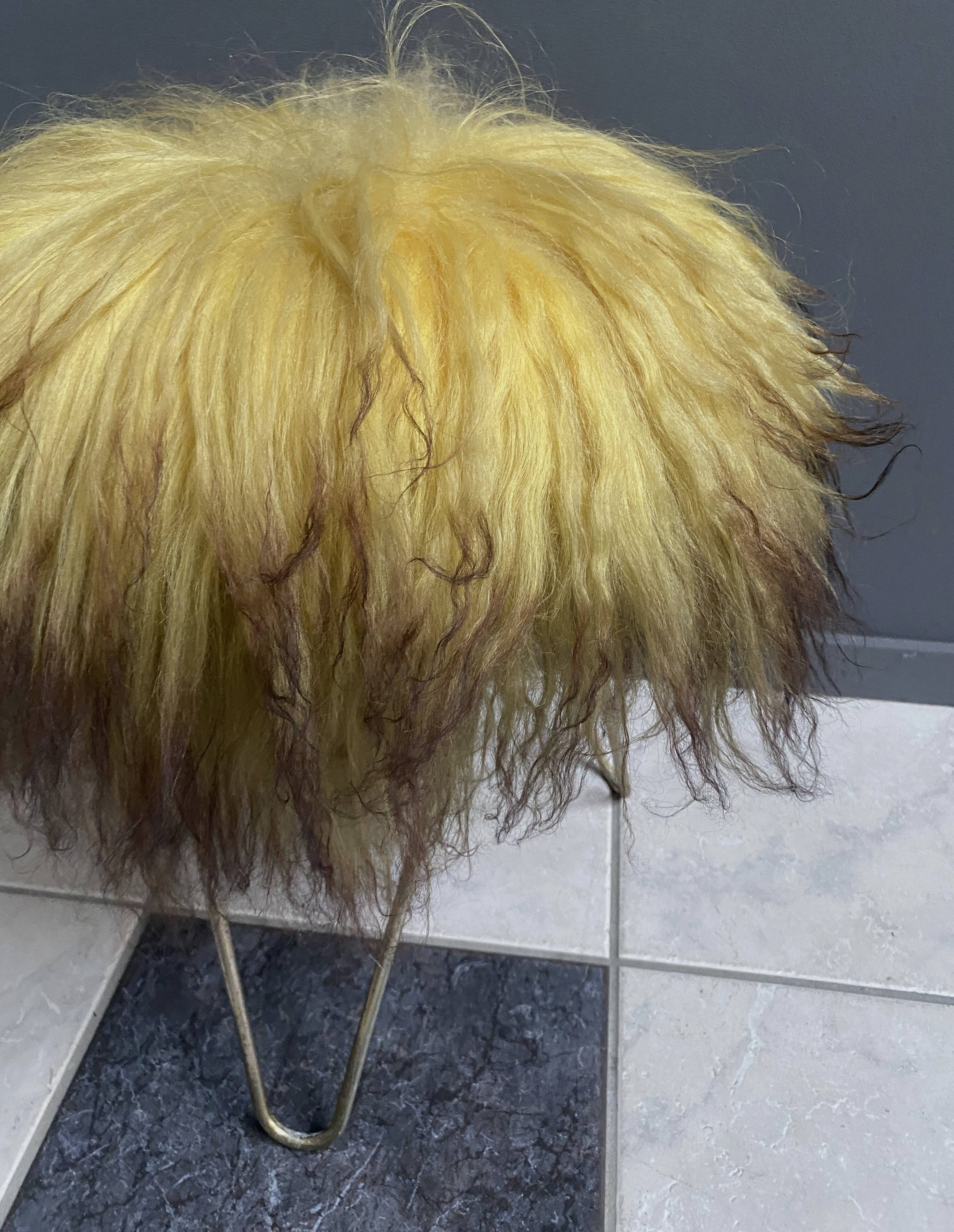Yellow Angora sheep skin stool 1960s