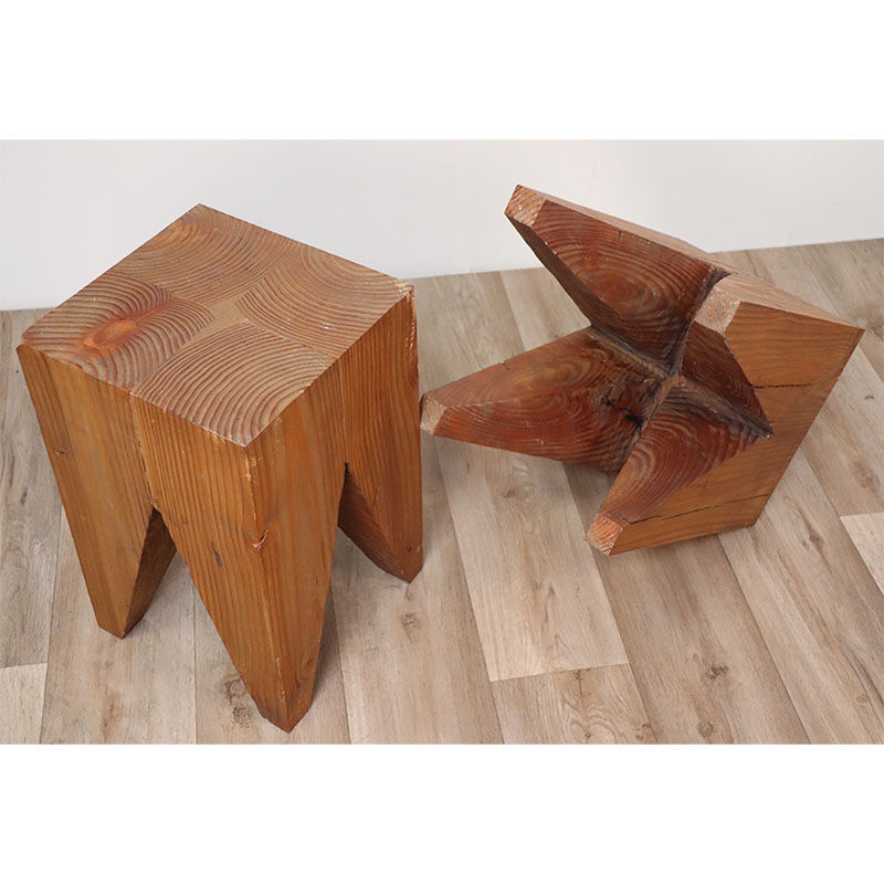 Pair of brutalist stools in solid fir