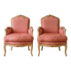 Pair of Louis XV cabriolet armchairs in wood and pink fabric.