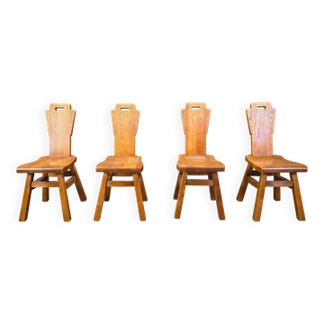 4 chaises brutalistes en chêne, années 1970