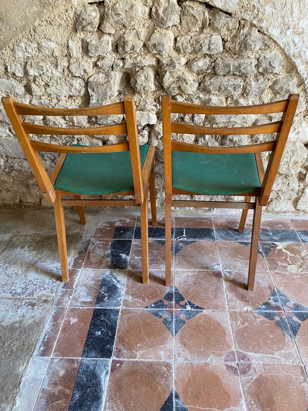 Chaises vintage années 50/60 bois assise tissu vert canard