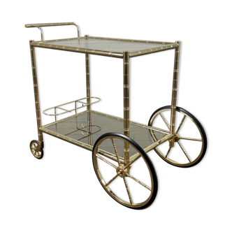 Vintage brass bar trolley with bamboo pattern and smoked glass