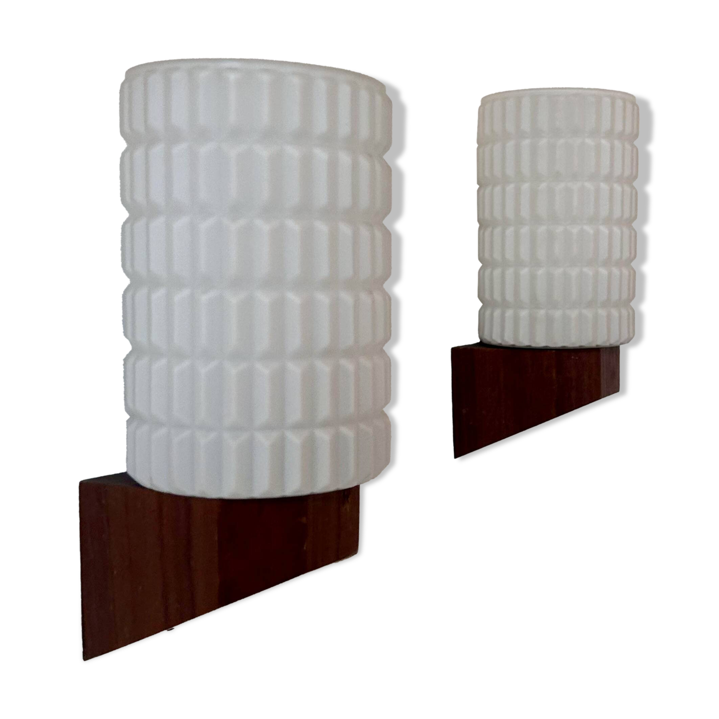 Pair of vintage wall lights, teak and opaline, Philips Netherlands 1950