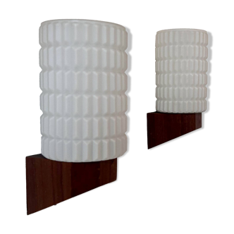 Pair of vintage wall lights, teak and opaline, Philips Netherlands 1950