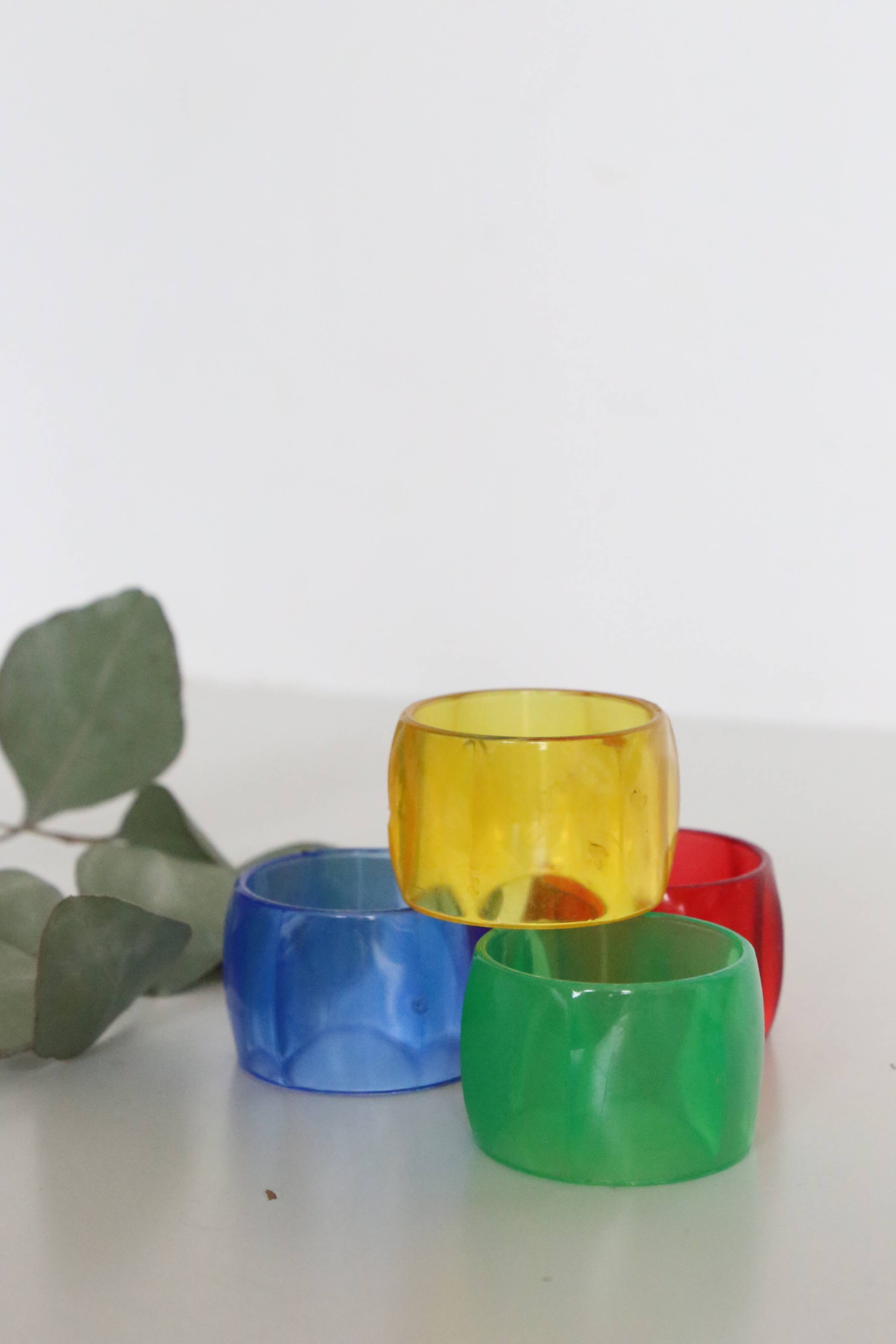 Colorful towel rings made of translucent plastic, vintage