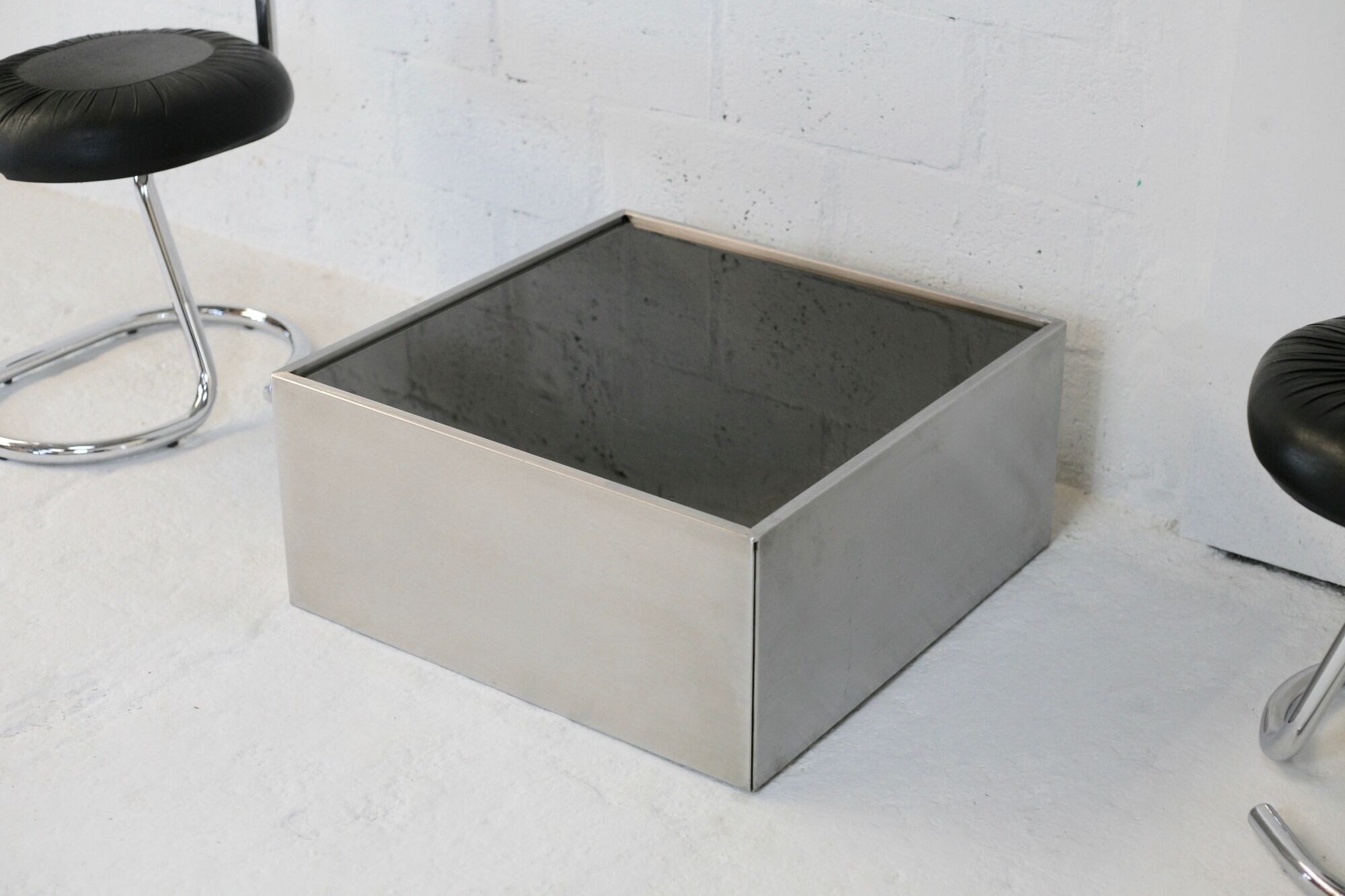 Steel coffee table and smoked glass, France, circa 1970