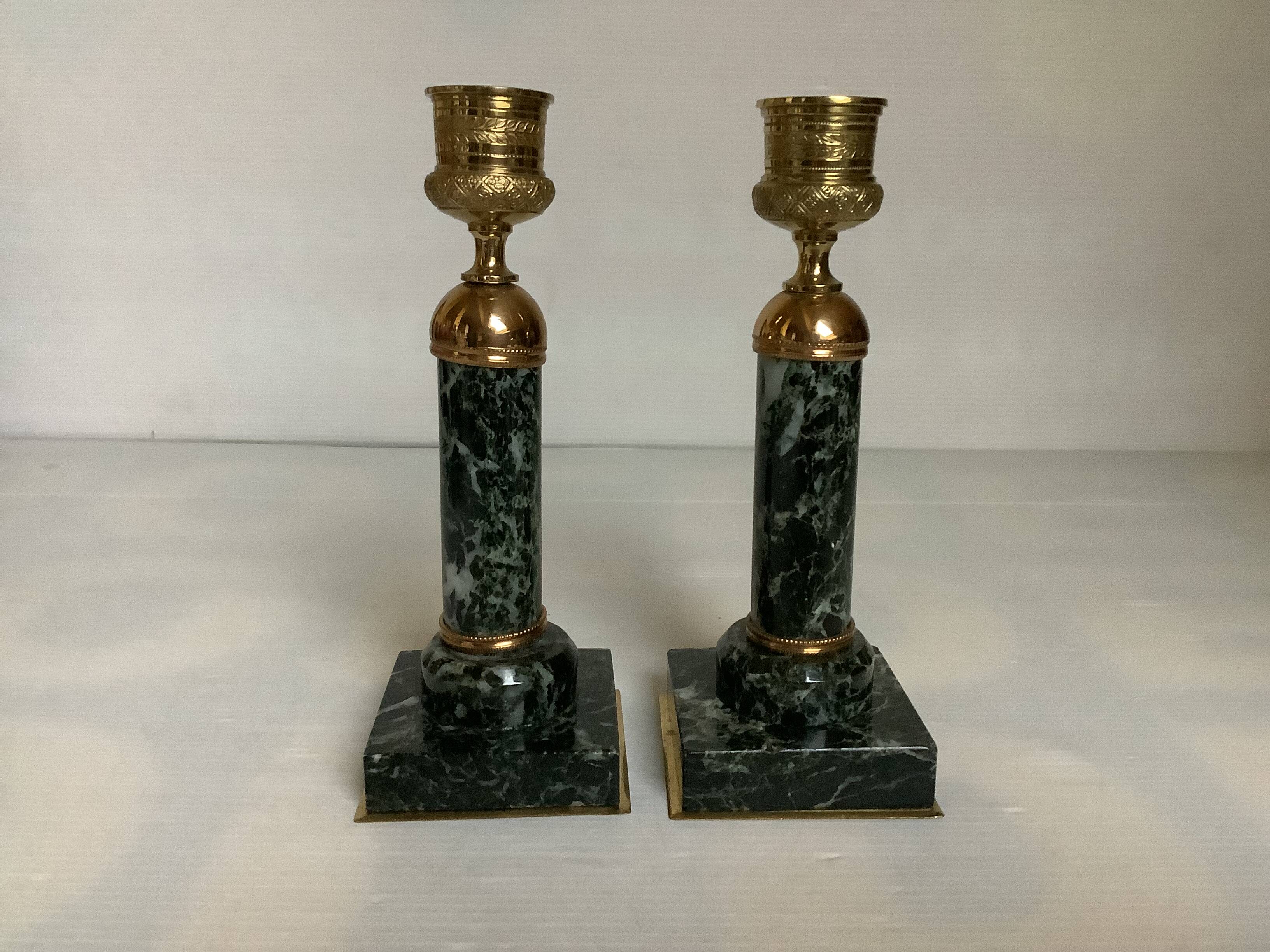 Pair of green marble and brass column candlesticks