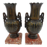 Pair of Antique Cassolettes Vases Louis XVI Style Regule & Red Marble 19