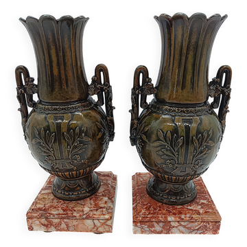 Pair of Antique Cassolettes Vases Louis XVI Style Regule & Red Marble 19