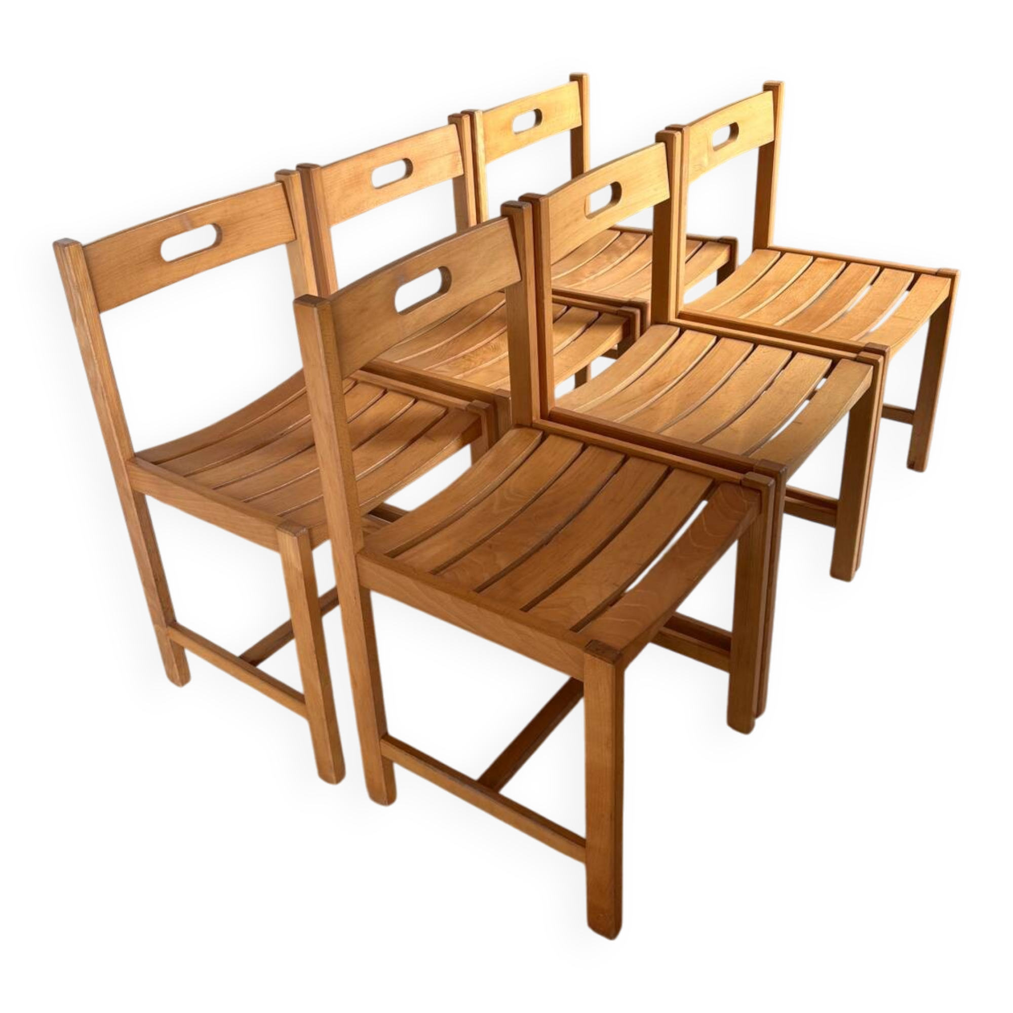 6 solid beech chairs by André Sornay