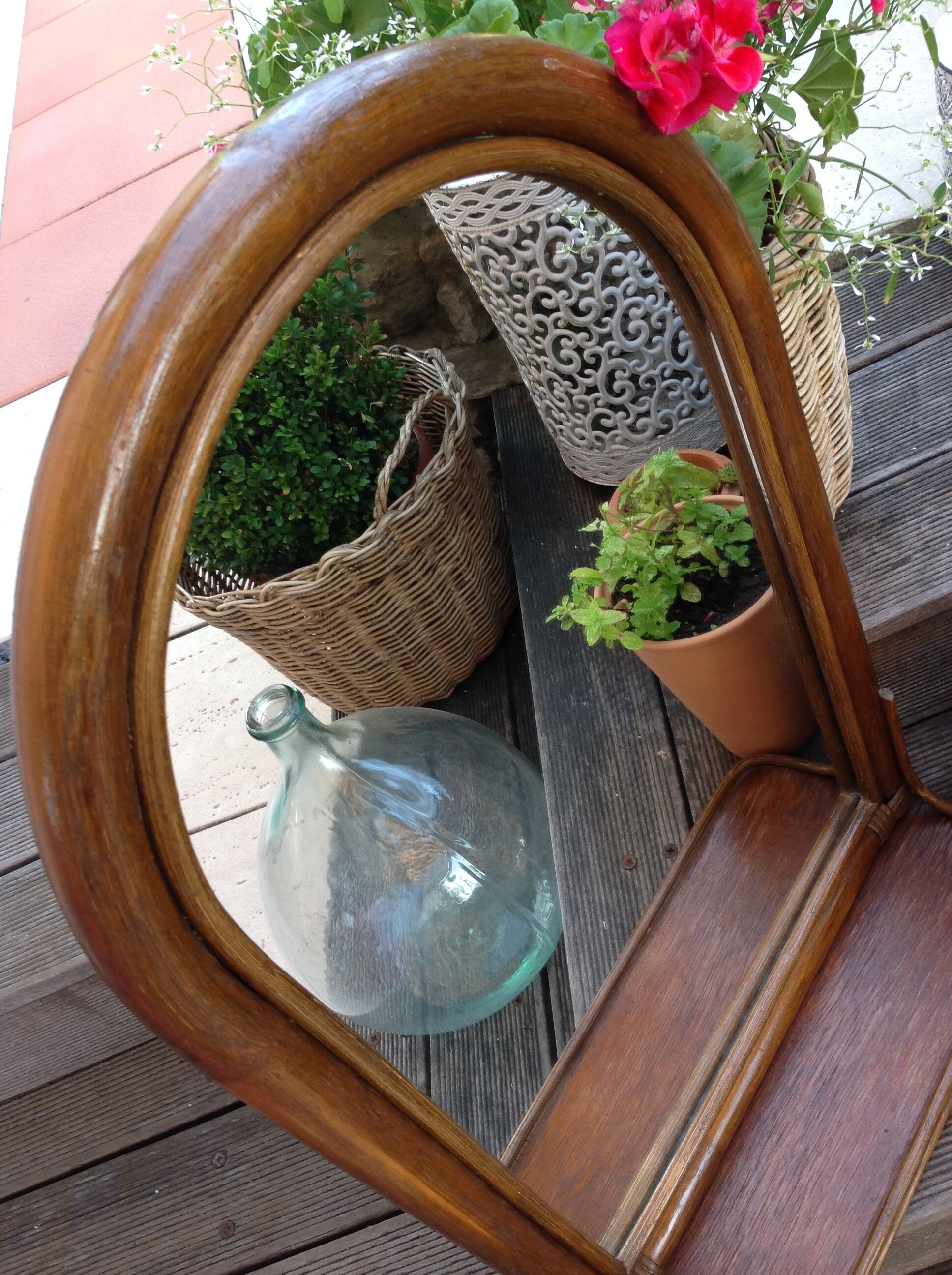 Arched rattan mirror with shelf/vintage 60s-70s