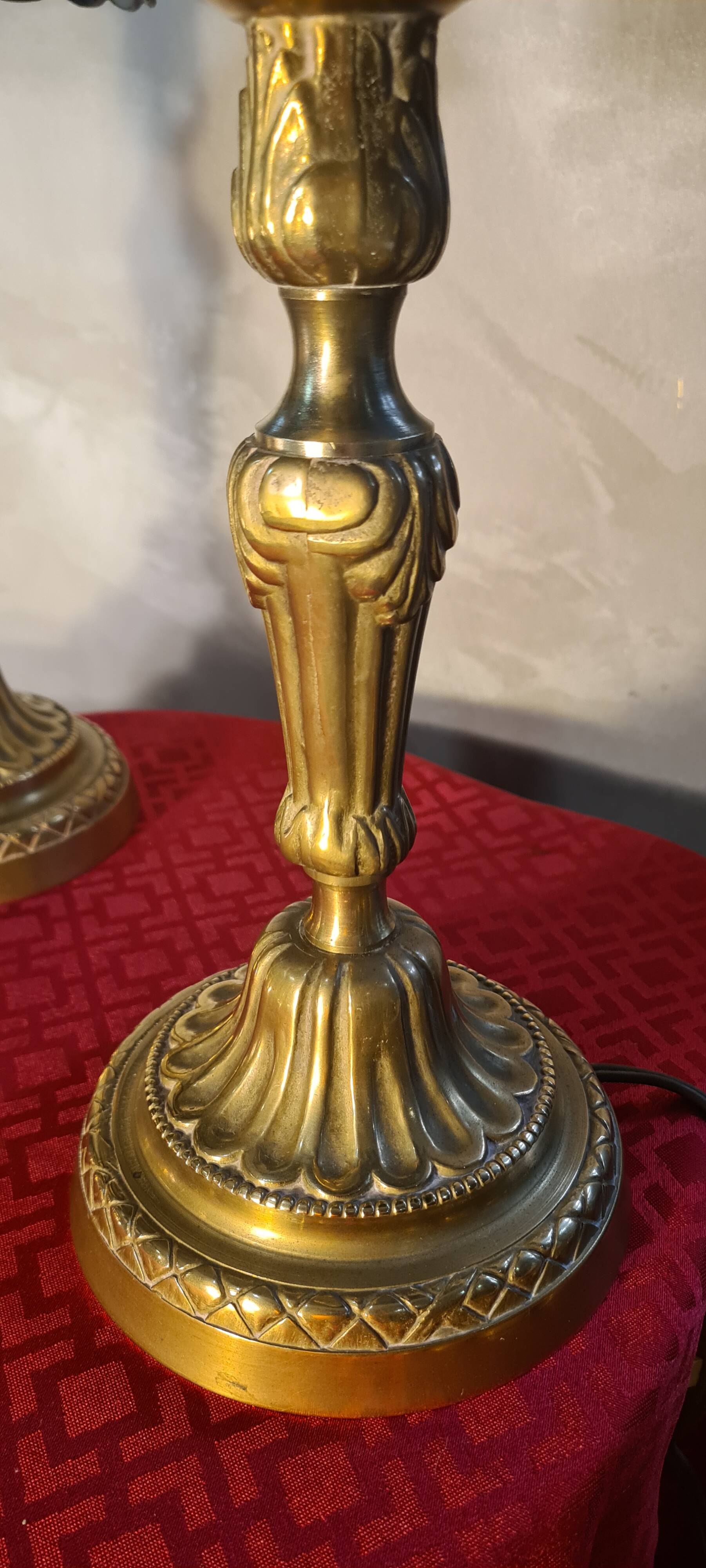 pair of antique bronze lamps, stained glass lampshades