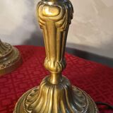 pair of antique bronze lamps, stained glass lampshades