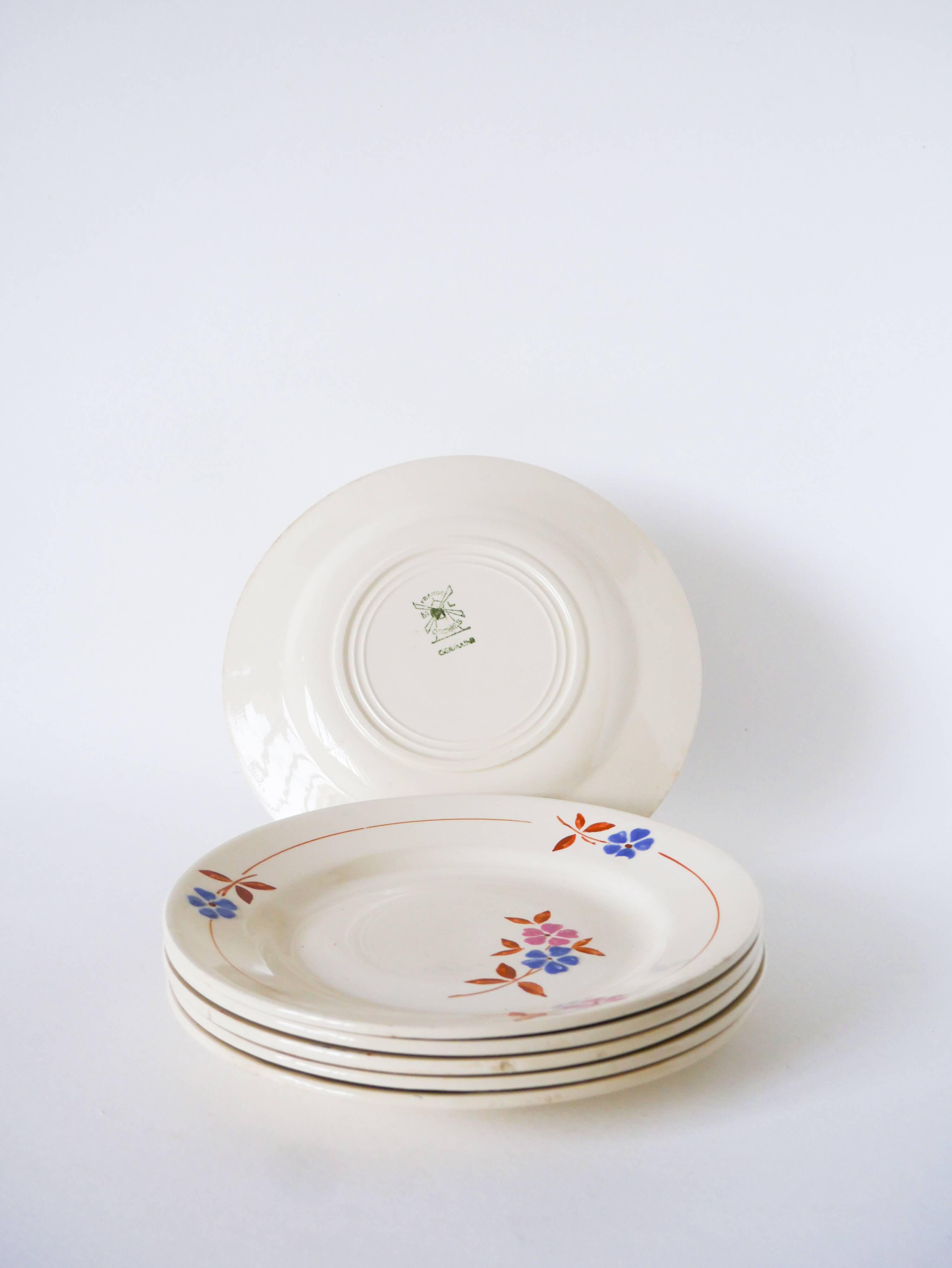 Lot de 6 assiettes à dessert, Moulin des Loups, Rose, Bleu & Marron, 1950