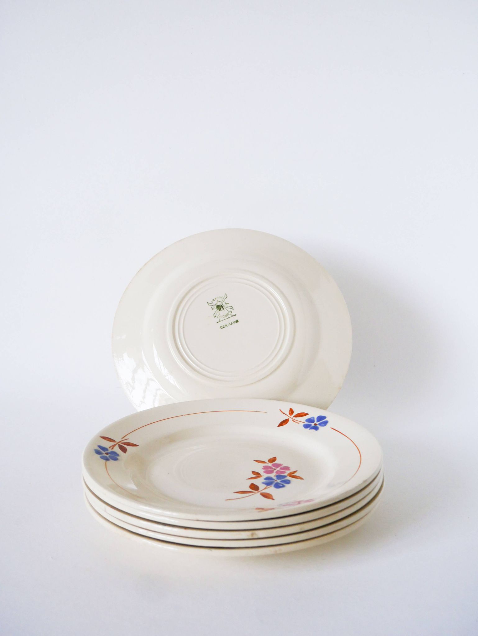 Set of 6 dessert plates, Moulin des Loups, Pink, Blue & Brown, 1950