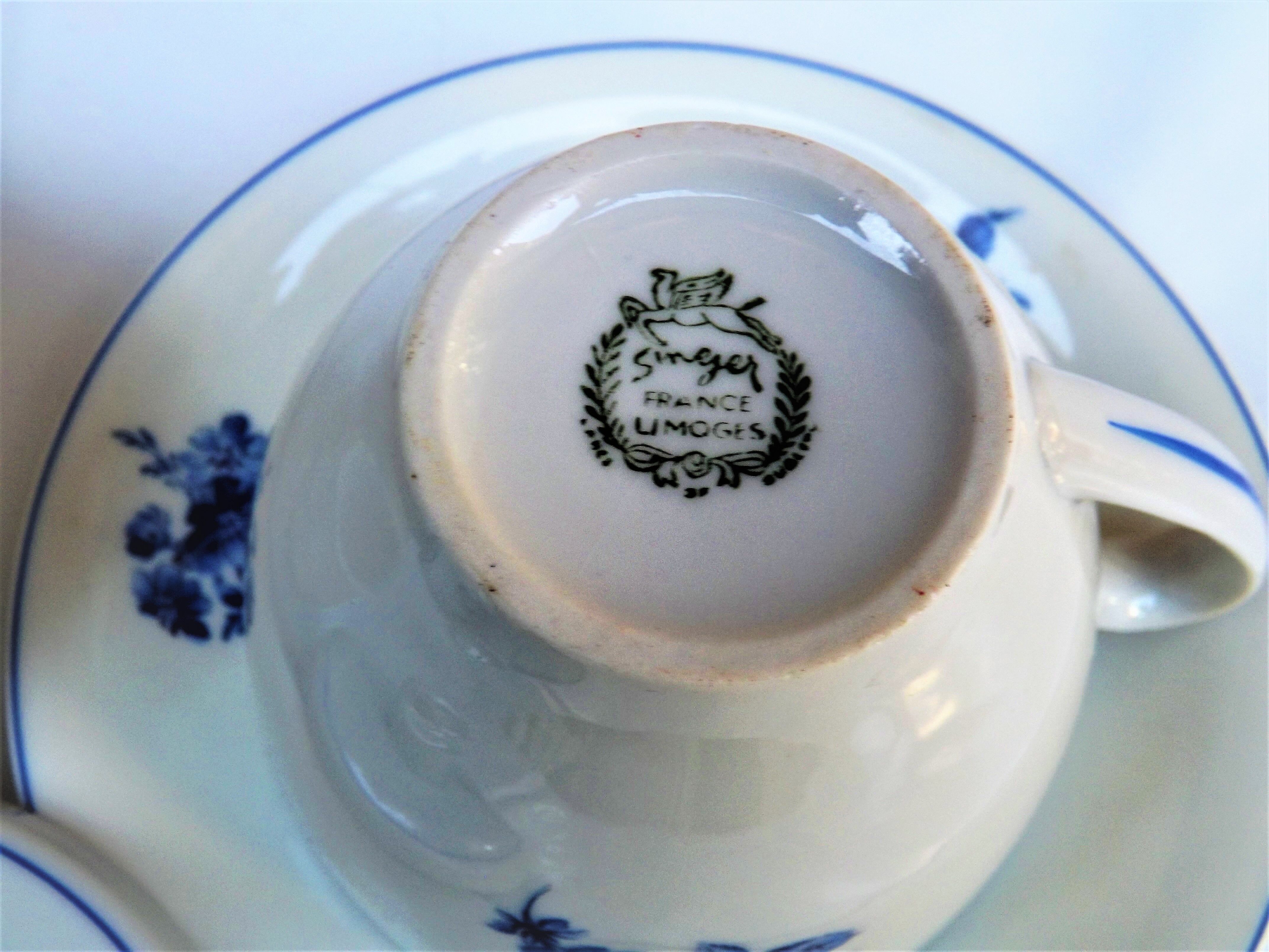 Two tea cups with lids, saucers, filters, porcelain Singer France limoges