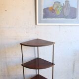 Corner shelf on foot in vintage wood and brass