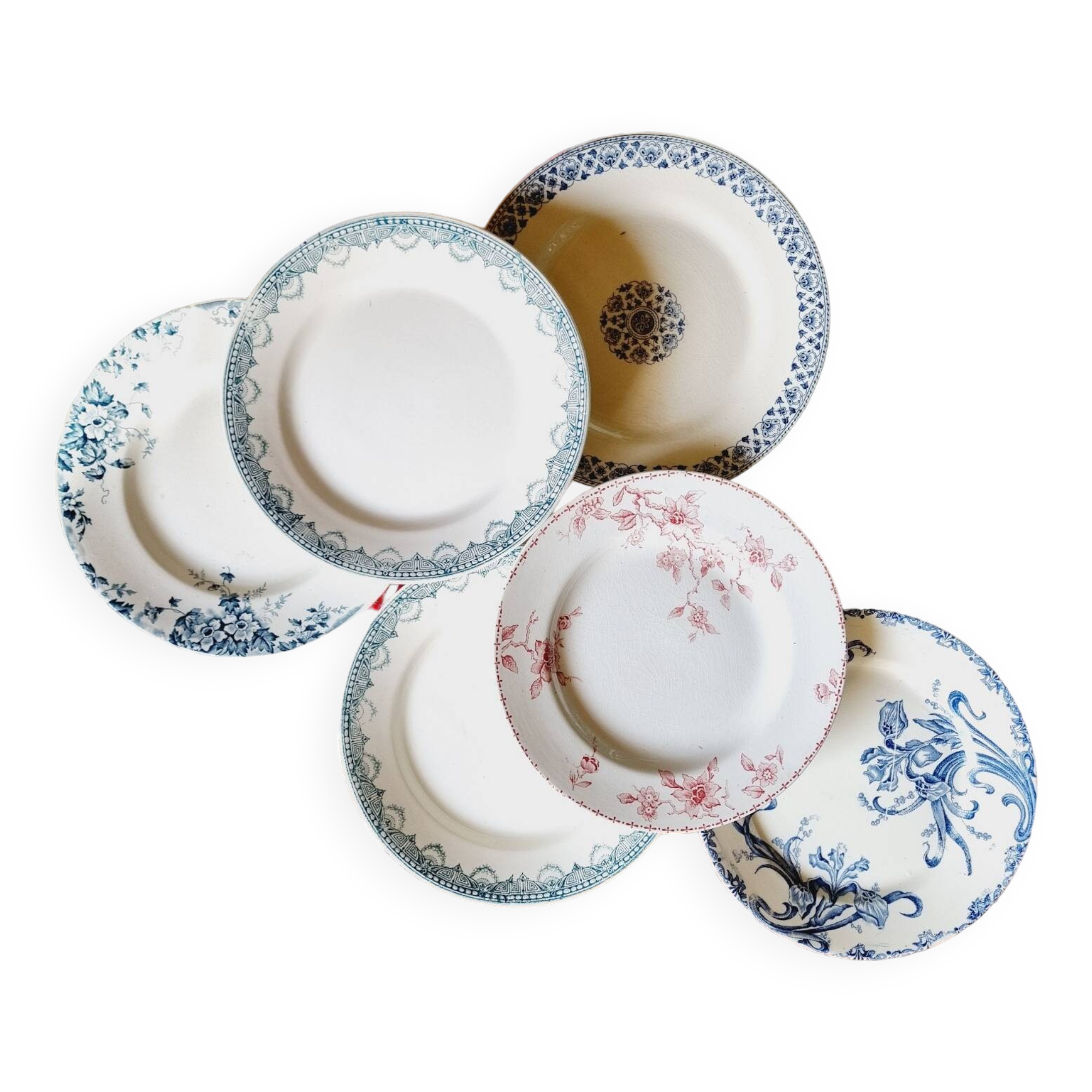 Lot de 6 assiettes plates terre de fer dépareillées
