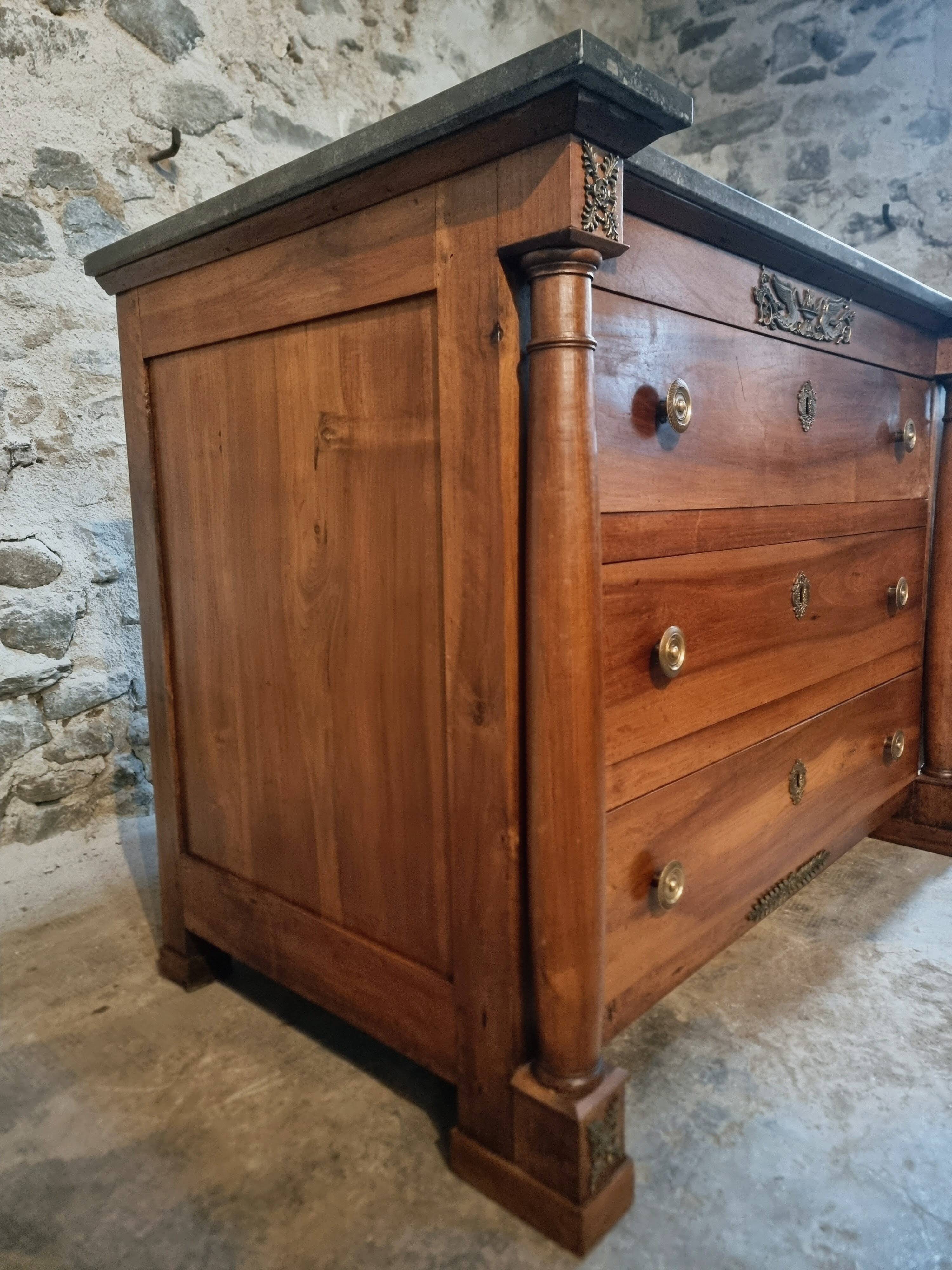Antique commode, walnut and oak, marble top, 3 drawers, France circa 1820–1850.