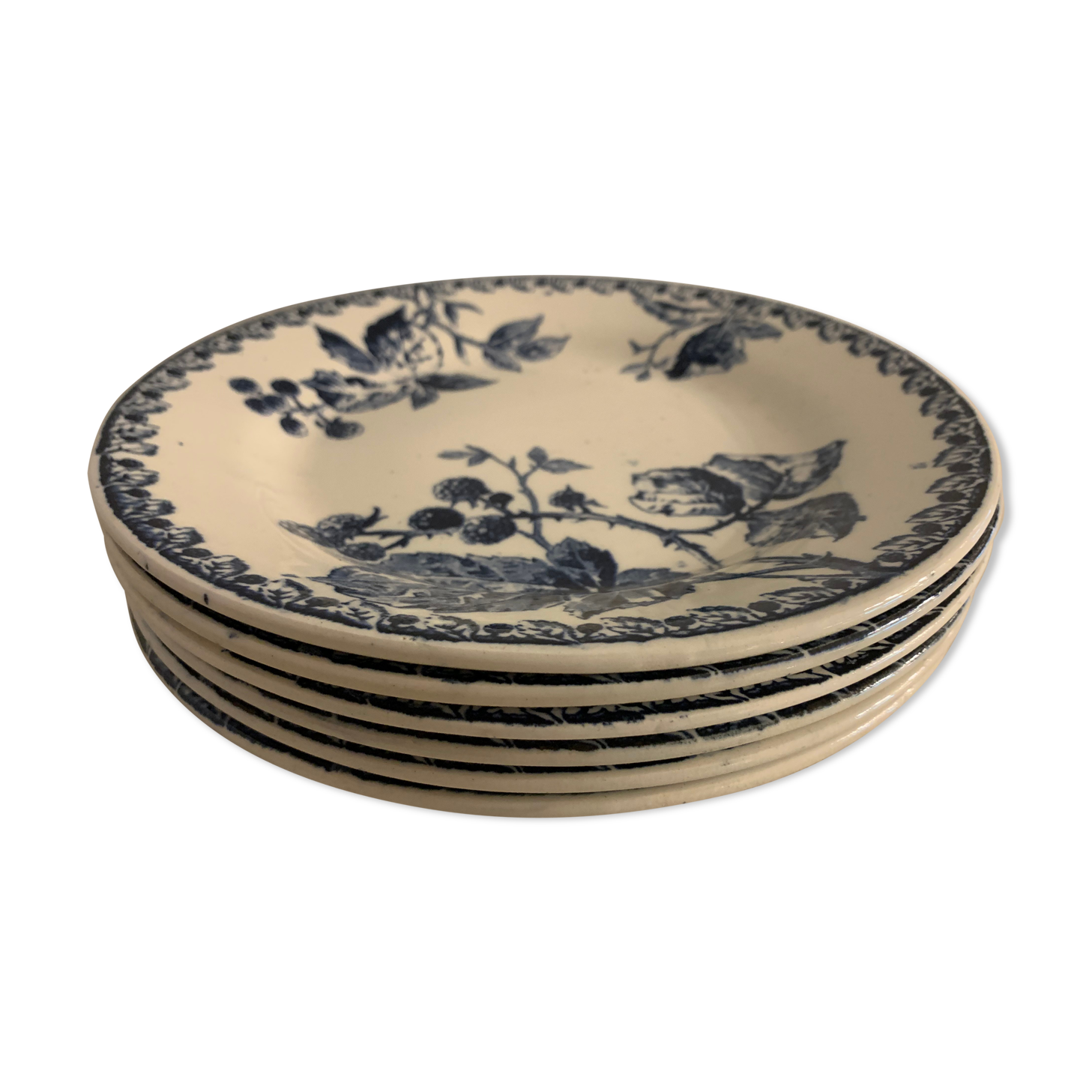 Series of 6 old flat plates in blue earthenware from Gien Iron Earth mature model