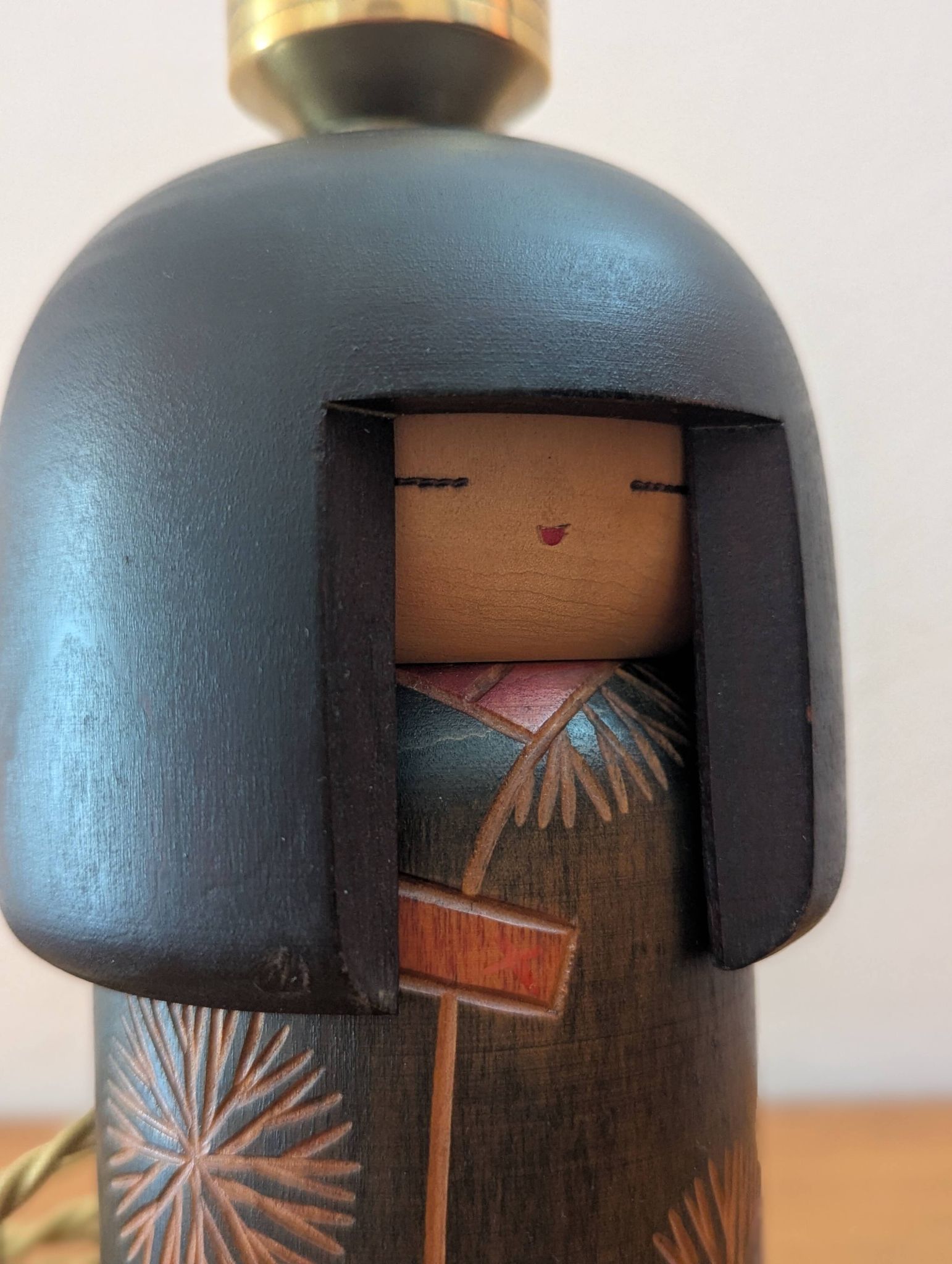 Vintage handcrafted lamp with Japanese Gunma Kokeshi doll (signed Sansaku Se