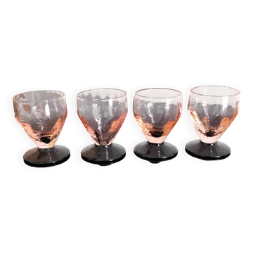 4 verres sur pied art déco à liqueur en verre fumé saumon pied noir