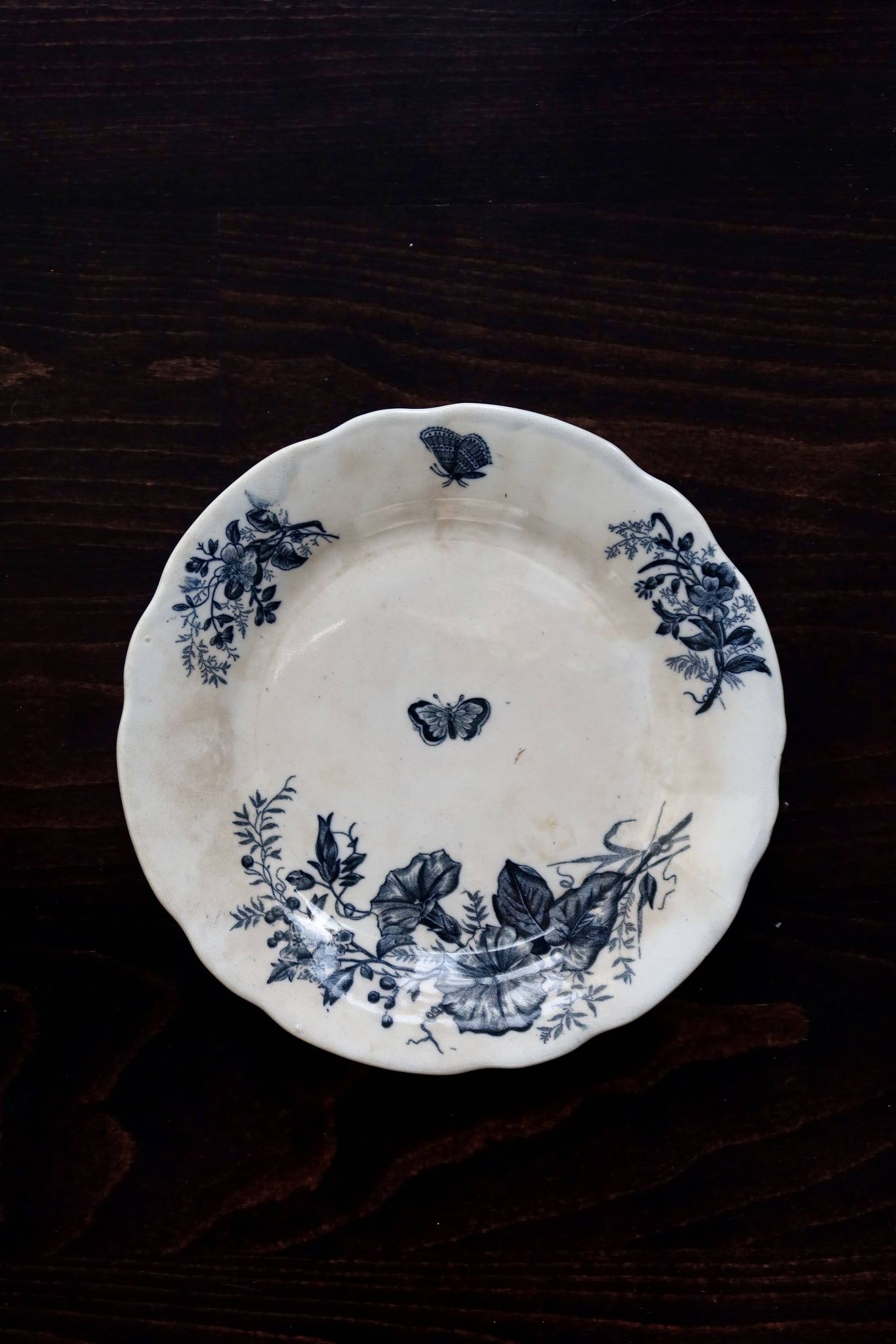 Antique flat plates, ironstone, Onnaing Nord - Floral and ribbon pattern.