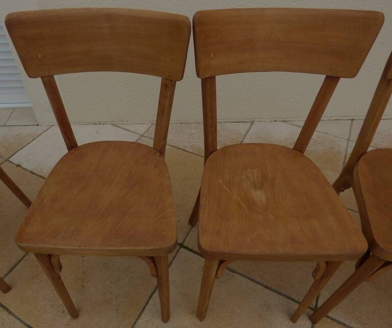 6 vintage Baumann wooden bistro chairs in their patina